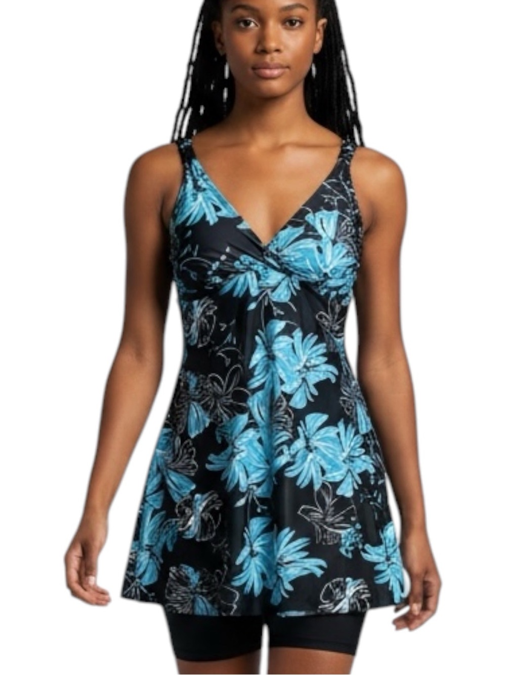Blue Black Floral Padded Bathing Suit Top NWOT Size L Beach Vacation